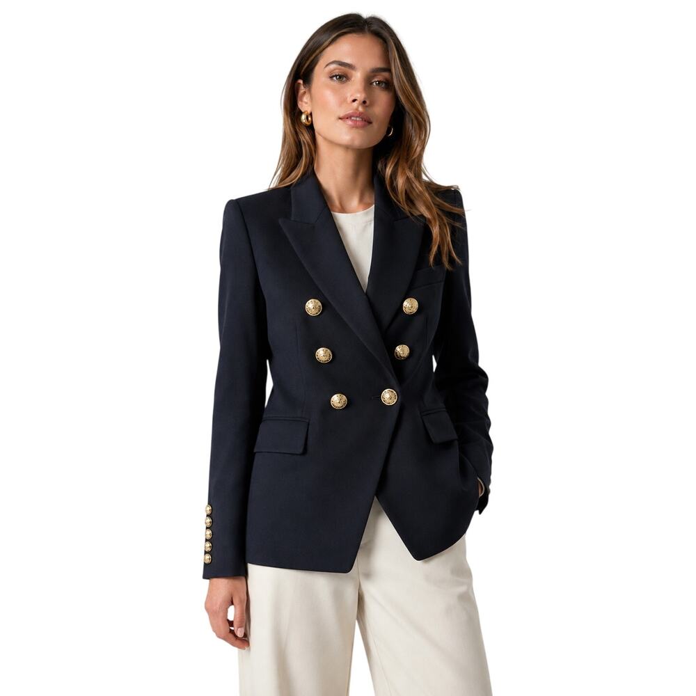 Balmain Double Breasted Wool Blazer Navy Blue Gold Button Women's Size Large